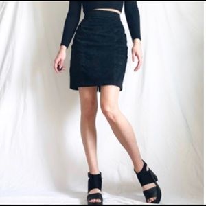 Vintage 80s Black Leather/Suede High Rise Mini Skirt, Zipper & Snap Button